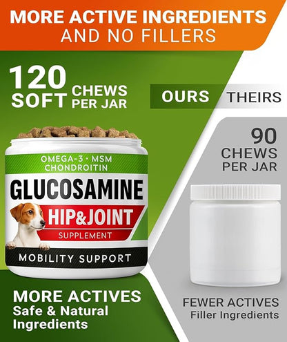 Hip & Joint Support for Dogs - Hemp Chews for Dog Joint Pain Relief with Glucosamine & Chondroitin - Joint Supplement for Large & Small Breeds - Senior Dog Mobility Treats - 120ct, Lamb Flavor