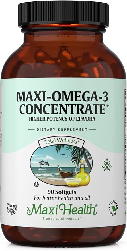 Maxi Health Omega 3 Supplement - Omega-3 Fish Oil Concentrate - Higher Potency Source of EPA/DHA Fatty Acids - Heart, Brain & Joint Health - Kosher Certified Wild Caught Fish - 90 Vegetarian Softgels
