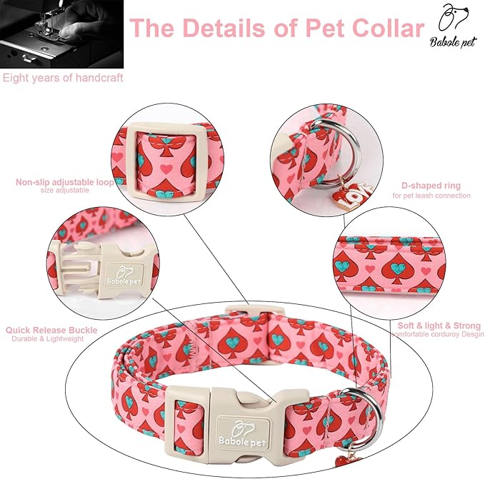 Valentine's Day Dog Collar - Cute Pink Valentines Dog Collar Girl Boy Durable Adjustable Spade Heart Pattern Charm Dog Collars for Small Medium Large Dogs L