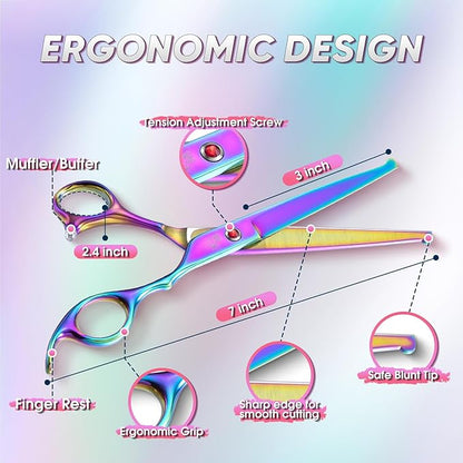7" Straight Dog Grooming Scissors Rainbow, Grooming Shears with Offset Handle for Medium to Large Dogs, Stainless Steel 440C Shears for Novice and Professional Groomers, Sharp and Safe