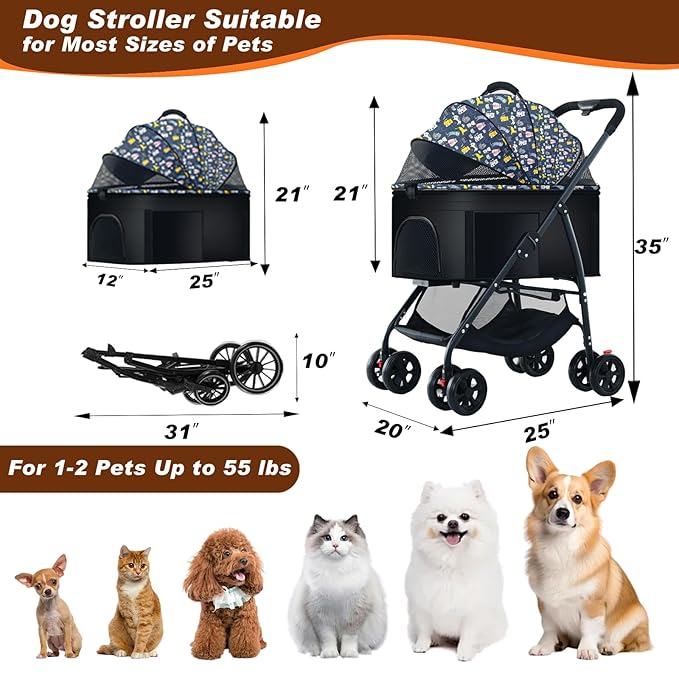 Pet Stroller 3 in 1 Folding Lightweight Dog Stroller with Detachable Carrier & Storage Basket, Premium 4 Wheels Travel Stroller for Small/Medium Pet (Blue)