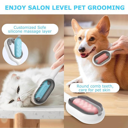 4 in 1 Pet Hair Removal Comb with Gravity Water Tank, Cat Dog Massage Brush Self Cleaning Grooming Wet Comb for Shedding Fur (Long Hair, 2PCS)