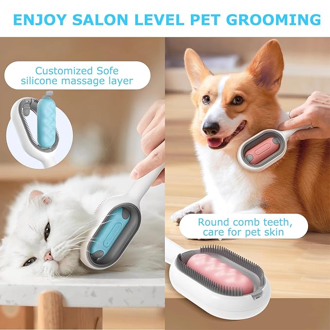4 in 1 Pet Hair Removal Comb with Gravity Water Tank, Cat Dog Massage Brush Self Cleaning Grooming Wet Comb for Shedding Fur (Short Hair, 2PCS)