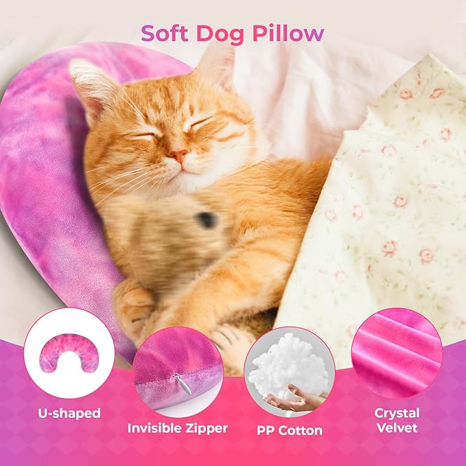Dog Pillow, U-Shaped Dog Calming Pillow for Pet, Soft Dog Neck Pillow Machine Washable Dog Bed Pillow for Dog and Cat Enhance Sleep Quality(Tie-dye Rose Purple, Small)