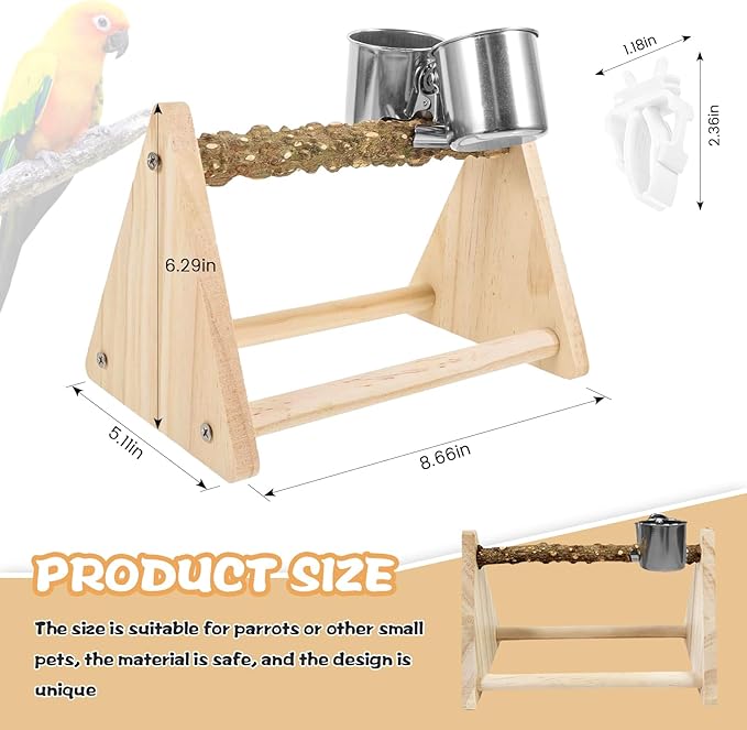 Parrot Play Wood Stand, Bird Perch Stand with Feeder Cups, Bird Grinding Perch Stands for Small Cockatiels, Conures, Parakeets, Finch