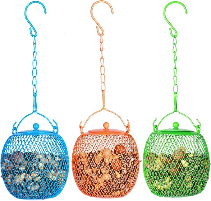 Set of 3 Ball Bird Feeder Squirrel Proof Feeder for Outdoors, Hanging Metal Bird Seed Holder，Mesh Bird Feeders for Garden and Backyard Decoration, Green, Blue,Orange