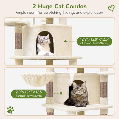 Globlazer Corner Cat Tree for Large Cats, 66inch Tall Curved Series Large Cat Tower for Multiple Indoor Cats with 6 Scratching Posts, 2 Spacious Cat Condos, Hammock, Hanging Basket, C66, Beige