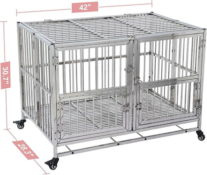 42" Heavy Duty Dog Crate Cage Kennel with Wheels, Full Stainless Steel High Anxiety Indestructible Dog Crate, Sturdy Locks Design, Double Door Small Door Design & Removable Tray Design (Silver)