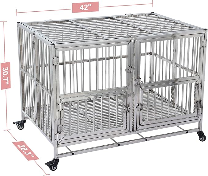 42-in Heavy Duty Dog Crate Cage Kennel with Wheels, Full Stainless Steel High Anxiety Indestructible Dog Crate, Sturdy Locks Design, Double Door Small Door Design & Removable Tray Design Silver