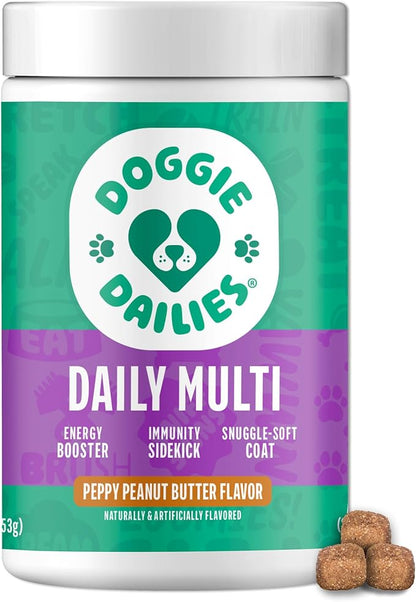Doggie Dailies 5 in 1 Multivitamin for Dogs, Dog Multivitamin for Skin and Coat Health, Joint Health, Improved Digestion, Antioxidants, Support a Healthy Immune System (Peanut Butter) 225 Soft Chews