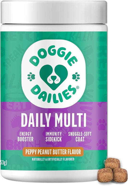 Doggie Dailies 5 in 1 Multivitamin for Dogs, Dog Multivitamin for Skin and Coat Health, Joint Health, Improved Digestion, Antioxidants, Support a Healthy Immune System (Peanut Butter) 225 Soft Chews