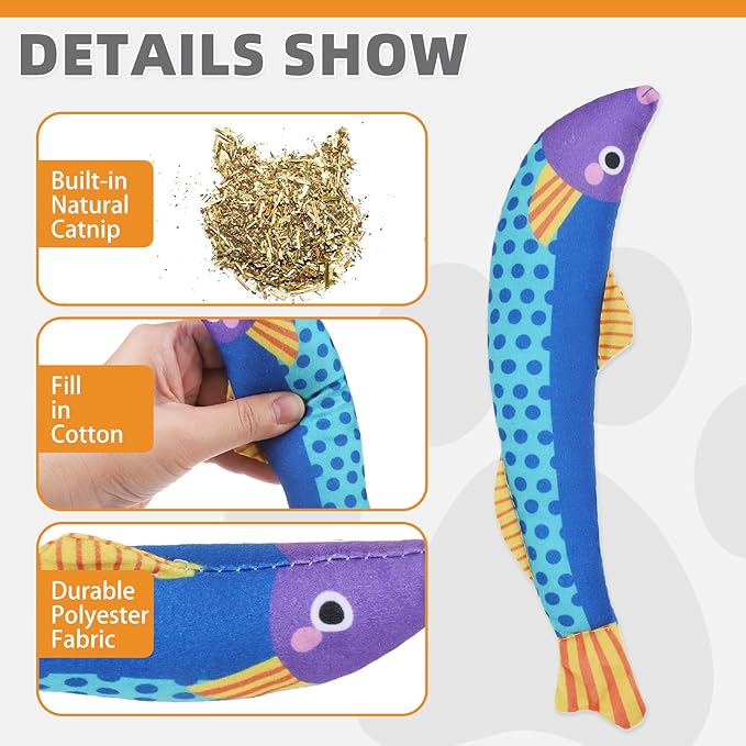 KOOLTAIL Cat Catnip Toys Saury Fish, 3 Pack Durable Soft Kicker Toy Filled with Natural Catnip Cotton, Self Play Interactive Bite Resistant Chew Teeth Cleaning Gift for Indoor Cats Kitten All Breeds