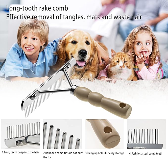 Dog Rake for Undercoat, Pet Grooming Set Long-Tooth Metal Brush & Stainless Steel Shedding Comb for Big Dogs Long-Haired Cats Horse
