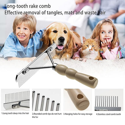Dog Rake for Undercoat, Pet Grooming Set Long-Tooth Metal Brush & Stainless Steel Shedding Comb for Big Dogs Long-Haired Cats Horse