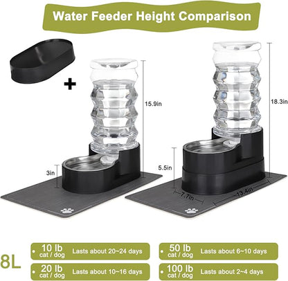 RIZZARI Large Water Dispenser for Dogs: 8L Gravity Black Automatic Stainless Steel Waterer - 100% BPA Free - Raised Pet Feeder for 20-42 LB Senior Dogs with Joint Pain in Bedroom Garden