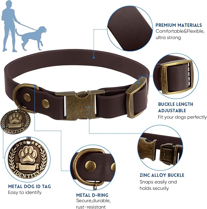 Wisedog Dog Collar and Leash Set, Waterproof Adjustable Puppy Collars with Cute Tag 6FT Dog Leash with Poop Bag for Small Medium Large Dogs (M(Collar:12"-18";Leash:5 ft), Brown)