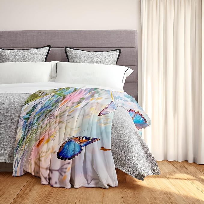 Enchanted Garden Butterflies Throw Blanket - Soft, Cozy, Lightweight Flannel - Warm, Plush, Fuzzy Decor for Couch, Office, Travel - Vibrant Flower and Butterfly 60×80 Inch
