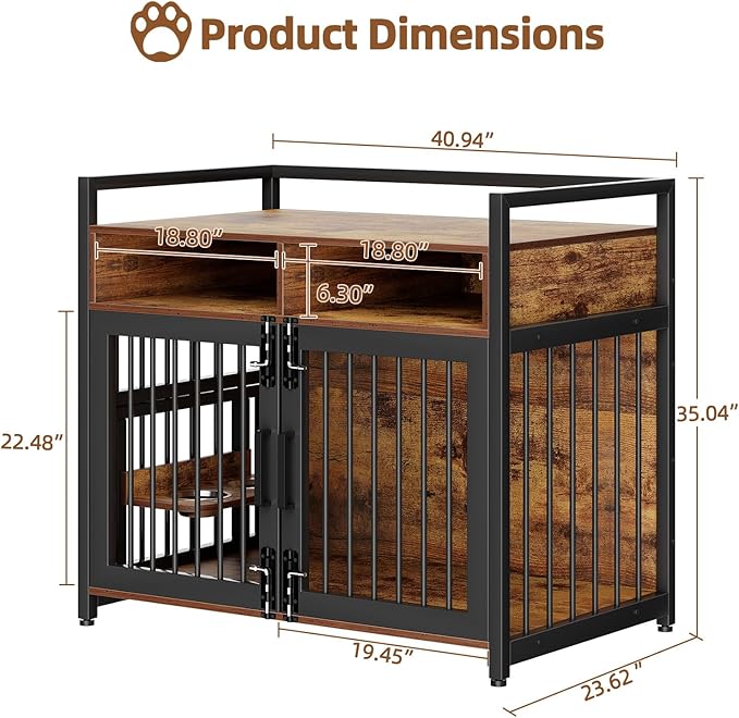 Dog Crate Furniture, 41 Inch Wooden Dog Cage with 2 Drawers, 360° & Adjustable Raised Feeder, Furniture Dog Crate for Medium-Large Dog Indoor