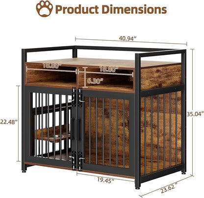 Dog Crate Furniture, 41 Inch Wooden Dog Cage with 2 Drawers, 360° & Adjustable Raised Feeder, Furniture Dog Crate for Medium-Large Dog Indoor