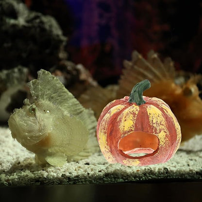 Fish and Shrimp Hideout House Terrarium Decor Betta Fish Cave Hideout Betta Toys Glass Animals Pumpkin Cave Halloween Decor Ornaments for Tanks Aquarium Resin Rock