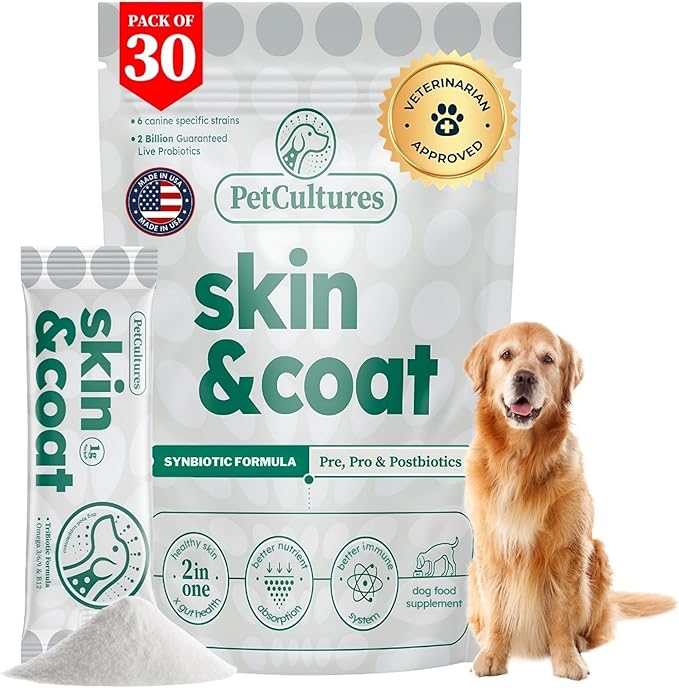 Petcultures Skin & Coat TriBiotic Formula | Powder Food Topper Supplement, Not a Treat with Probiotic, Prebiotic and Postbiotic | with Omegas, Biotin & Zinc for Skin Vitality | 30 Packs | Made in USA