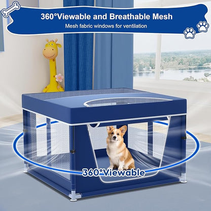 42x42x26 Inches Blue Puppy Playpen with Top Cover, Dog Playpen for Small Dogs, Sturdy Safety Dog Pen with Thickened Fabric, High-Strength Mesh