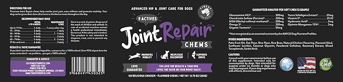 Joint Repair Hip and Joint Chews for Dogs - Finest for Pets Glucosamine, Chondroitin, MSM, Omega 3 & Turmeric for Dog Joint Support, Mobility & Pain Relief - (120 Chicken Flavored Chews, Made in USA)