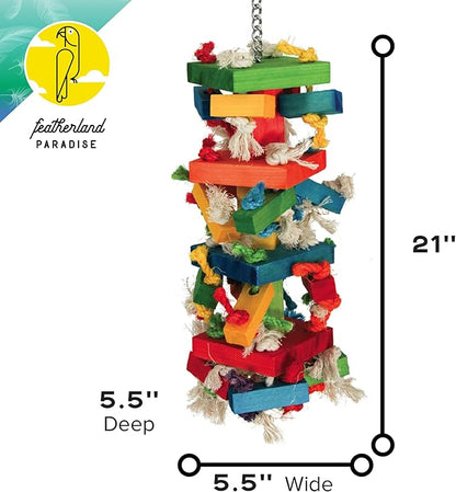 Featherland Paradise Knots N Blocks Bird Toy, Bird Toys, for Parrots, Cockatoos, Macaws, Very Large Birds and Big Beaks