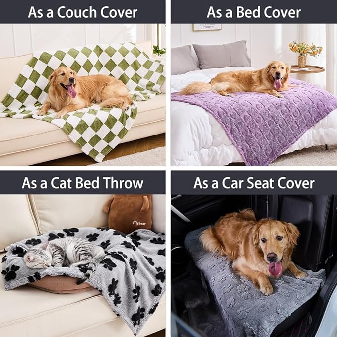 Qeils Jacquard Dog Blankets for Large Dogs, Cozy Calming Pet Blanket Washable for Couch Protection, 280GSM Coral Fleece Plush Fluffy Throw Blanket, Sage Green Checkered, 50x60IN