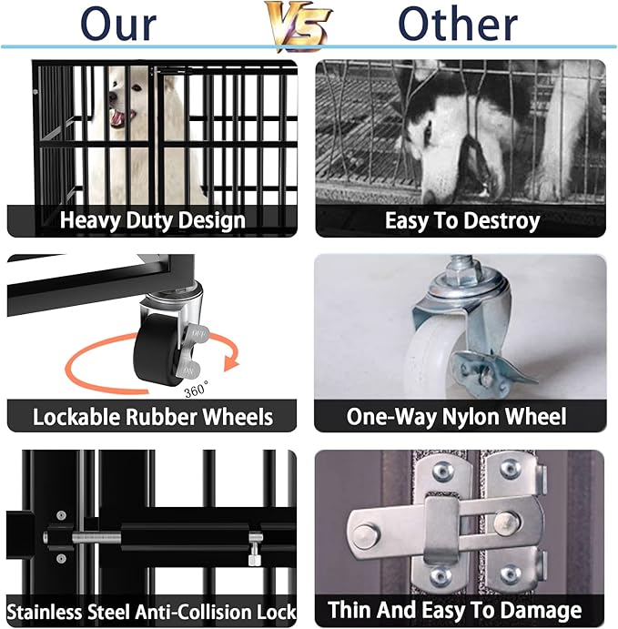 LEMBERI 48/38 inch Heavy Duty Indestructible Dog Crate, Escape Proof Dog Cage Kennel with Lockable Wheels,High Anxiety Double Door Dog Crate,Extra Large Crate Indoor for Large Dog with Removable Tray