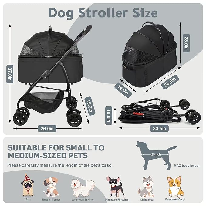 Dog Stroller, 3 in 1 Folding Cat Stroller, 4 Wheels Pet Stroller for Medium/Small Dogs, Puppy Stroller with Detachable Carrier&Storage Basket, Dog Strollers with Sun Shade&Breathable Visible Mesh