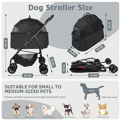 Dog Stroller, 3 in 1 Folding Cat Stroller, 4 Wheels Pet Stroller for Medium/Small Dogs, Puppy Stroller with Detachable Carrier&Storage Basket, Dog Strollers with Sun Shade&Breathable Visible Mesh