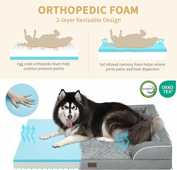 Memory Foam XXL Dog Bed with Bolsters, Cooling Dog Beds for Extra Large Dogs, Waterproof Orthopedic Dog Couch Bed with Removable Washable Cover and Nonskid Bottom(XX-Large,Grey)