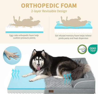 Memory Foam XXL Dog Bed with Bolsters, Cooling Dog Beds for Extra Large Dogs, Waterproof Orthopedic Dog Couch Bed with Removable Washable Cover and Nonskid Bottom(XX-Large,Grey)