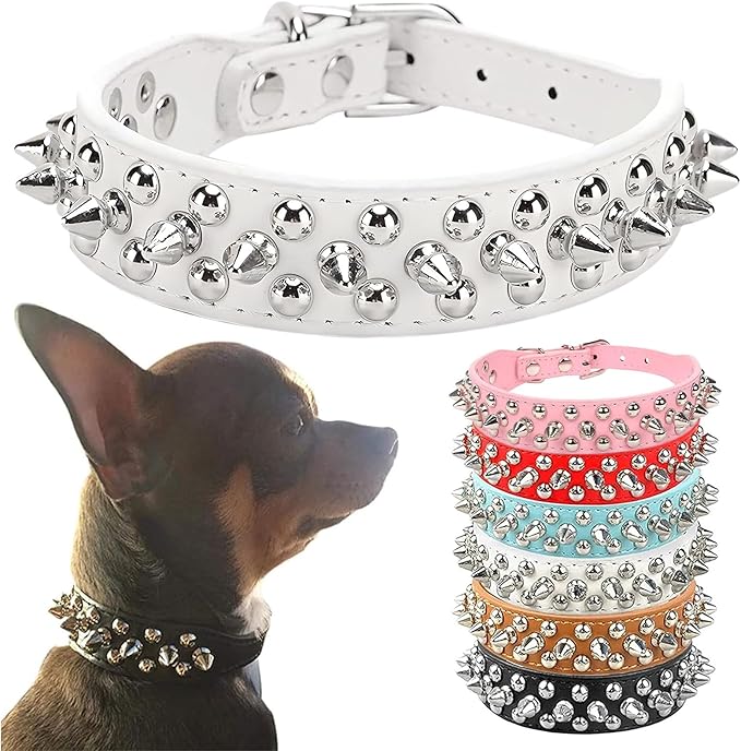 PETCARE Spiked Dog Collar White Soft Pu Leather Funny Mushrooms Rivet Spike Studded Puppy Collar Adjustable Outdoor Pet Dog Collar for Small Medium Large Dogs Cats Chihuahua Pug Pit Bull Dog Collars
