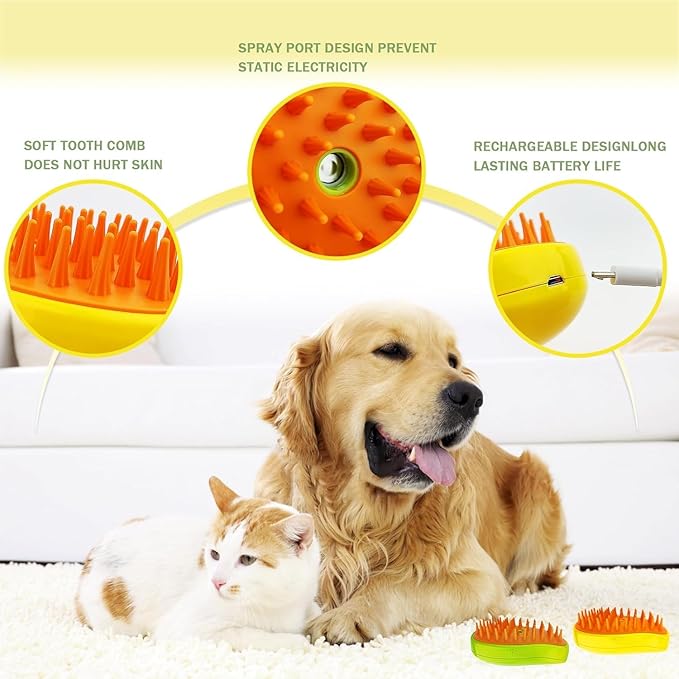 3 In 1 Silicone Pet Brush with Steaming Function - Self-Cleaning Cat Grooming Tool for Massage and Detangling (Yellow by Cat Steamy Brush)