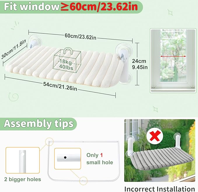 Sunhoo Cat Window Perch Hammock Foldable Kitten Bed Windowsill Seat with Suction Cup for Large Indoor Cats Inside Kitty Window Sill Ledge Shelf Hold Up to 40lbs Machine Washable 21.26*11.8in(White, M)