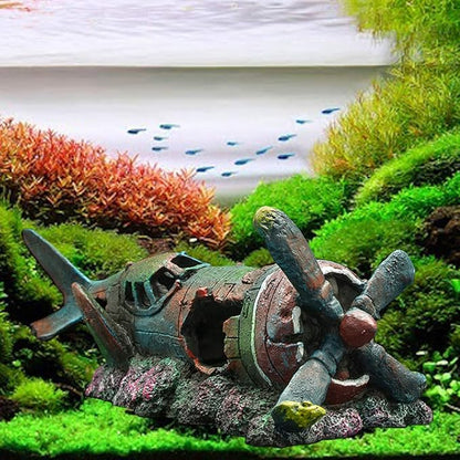 Fish Tank Decoration Fighter Vintage Airplane Ruins Submarine Landscape Fish Shrimp Shelter Cave Hideout Resin Aquarium Decor Turtle Tank Decoration