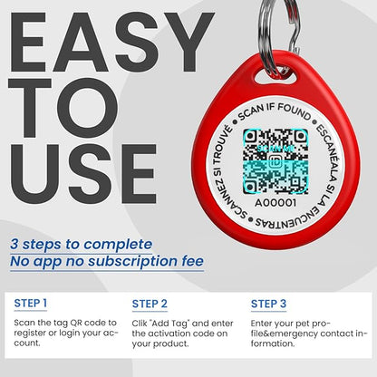 Dog Tags Personalized, QR Code Pet ID Tags for Dog Collar, Online Profile, Scan Location Alerts, Red
