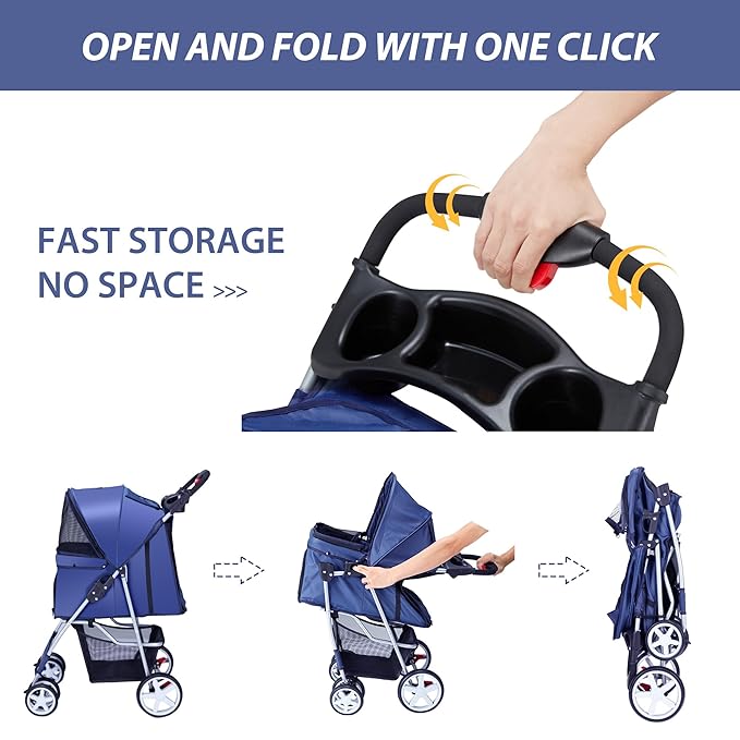4 Wheels Pet Stroller for Small Medium Dogs Cats 33 lbs, Breathable Foldable Jogger Stroller with Storage Basket, Travel Puppy Stroller for All-Season, Move Pad & Protective Lock, Navy Blue