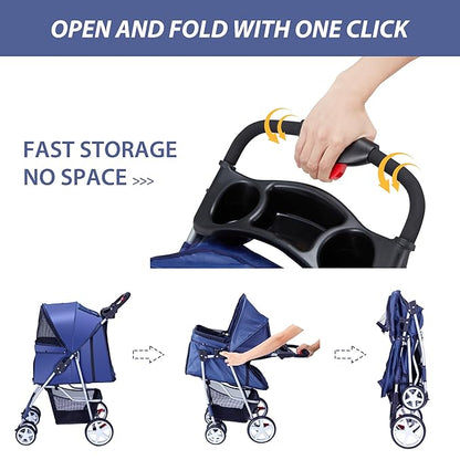 4 Wheels Pet Stroller for Small Medium Dogs Cats 33 lbs, Breathable Foldable Jogger Stroller with Storage Basket, Travel Puppy Stroller for All-Season, Move Pad & Protective Lock, Navy Blue