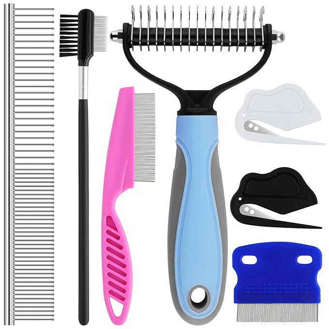 7 Pack Pets Grooming Brush Comb Kit,Double-Side Deshedding Dematting Dog Brush,Undercoat Rake for Dogs & Cats,with Metal Comb,Flea Comb,Open Knot Comb,Fine-Teeth Comb,Tear Stain Remover Comb