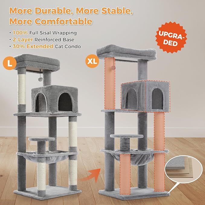PETEPELA Cat Tree for Large Cats up to 30 lbs, 58" Heavy Duty Cat Tower with Reinforced Scratching Posts[ φ3.9”], Large Hammock, Spacious Condo & Top Perch, Sturdy Cat Furniture for Maine Coons, Grey