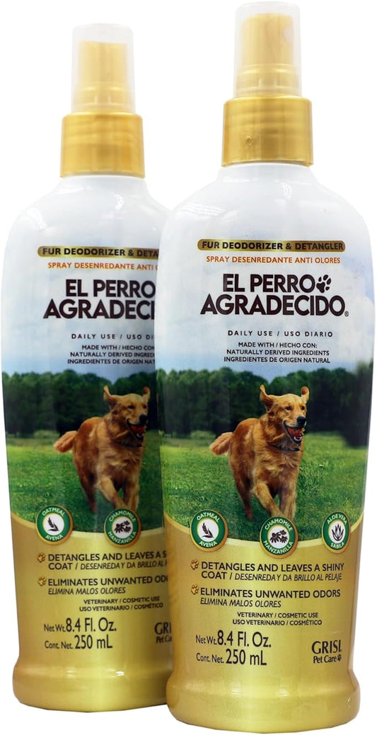 Perro Agradecido Anti Odor Spray®, Grooming Spray for Dogs, Sensitive Skin, Eliminates Odor, Shiny Coat, Easy Dog Brushing, Natural Ingredients, 2-Pack, 8.4 Fl Oz Each, 2 Spray Bottles