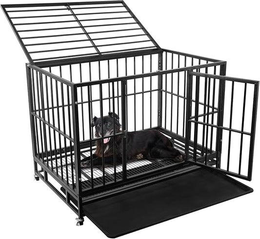 42 Inch Heavy Duty Dog Crate with Secure Locking System, Escape-Proof Dog Cage Kennel for Medium to Large Dogs, Indestructible Chew-Resistant Design, Dual Doors & Easy-Clean Removable Tray