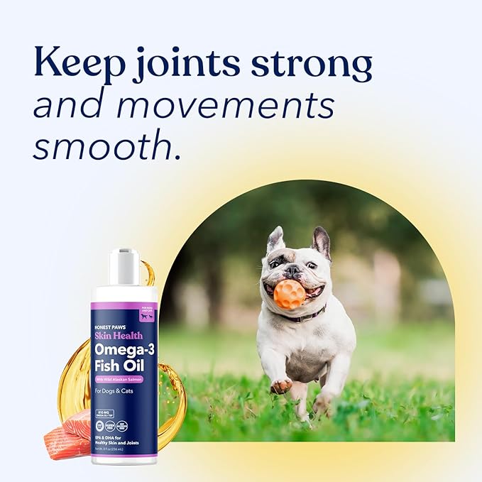 Honest Paws Wild Alaskan Salmon Oil for Dogs & Cats  Omega 3 Fish Oil Supplement for Skin, Coat, Joint & Heart Health  Natural, Sustainably Sourced, 8 oz