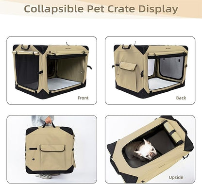 Pettycare 26 Inch Collapsible Dog Crate with Curtains Travel Dog Crate for Airflow and Calm Soft Pet Kennel with Portable Bag and More Chew Proof Mesh Indoor & Outdoor Beige 4 Door Curtains