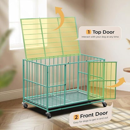 Green 48 in Heavy Duty Dog Crate Steel Escape Proof, Indoor Double Door High Anxiety Cage, Removable Tray, Kennel with Wheels,XL XXL