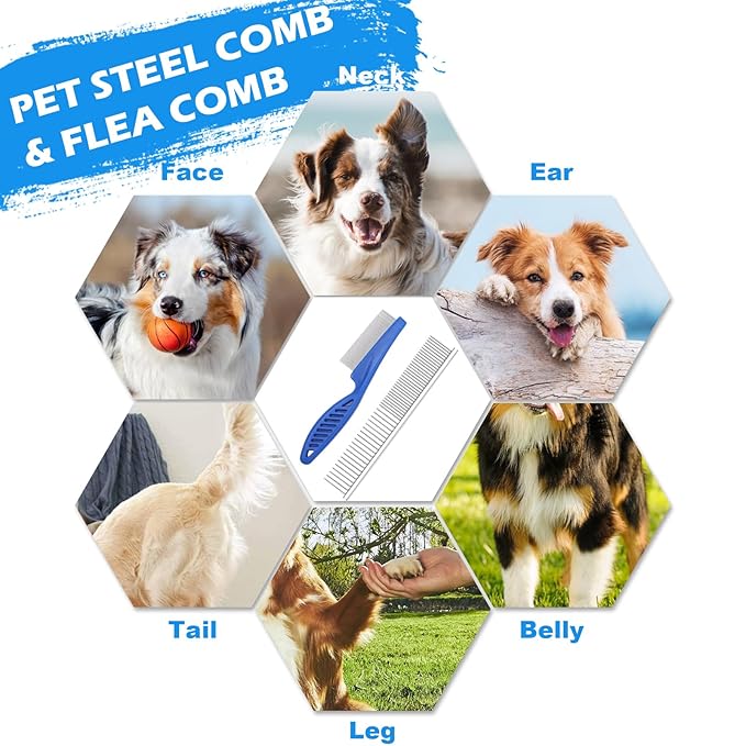 Dog Grooming Kit, Includes 7PCS Deshedding Brush, Pin Brush, Flea Comb, Metal Comb, Bath Brush, Nail Clipper and File, for Small, Medium and Large Dogs (Blue)