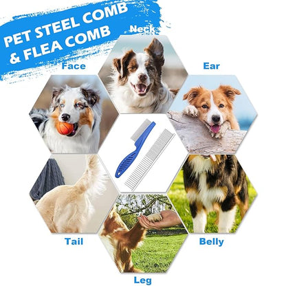 Dog Grooming Kit, Includes 7PCS Deshedding Brush, Pin Brush, Flea Comb, Metal Comb, Bath Brush, Nail Clipper and File, for Small, Medium and Large Dogs (Blue)